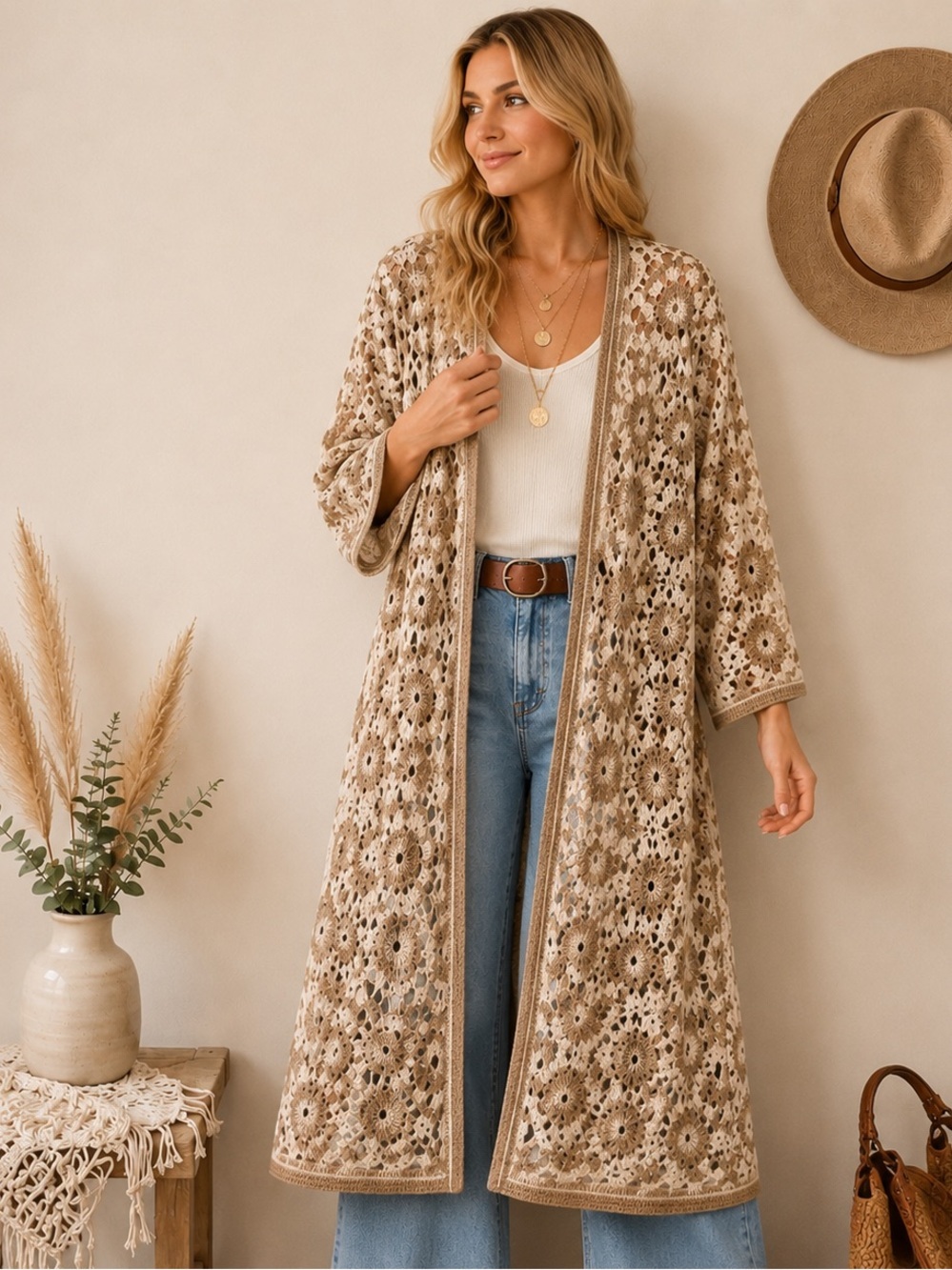 POL Crochet Open-Front Duster in Cream and Tan